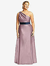 Front View Thumbnail - Dusty Rose & Midnight Navy Draped One-Shoulder Satin Maxi Dress with Pockets