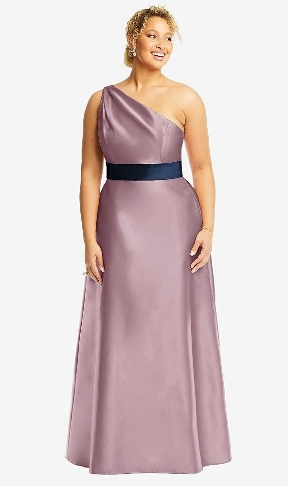 Front View - Dusty Rose & Midnight Navy Draped One-Shoulder Satin Maxi Dress with Pockets