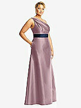 Side View Thumbnail - Dusty Rose & Midnight Navy Draped One-Shoulder Satin Maxi Dress with Pockets