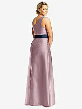 Rear View Thumbnail - Dusty Rose & Midnight Navy Draped One-Shoulder Satin Maxi Dress with Pockets