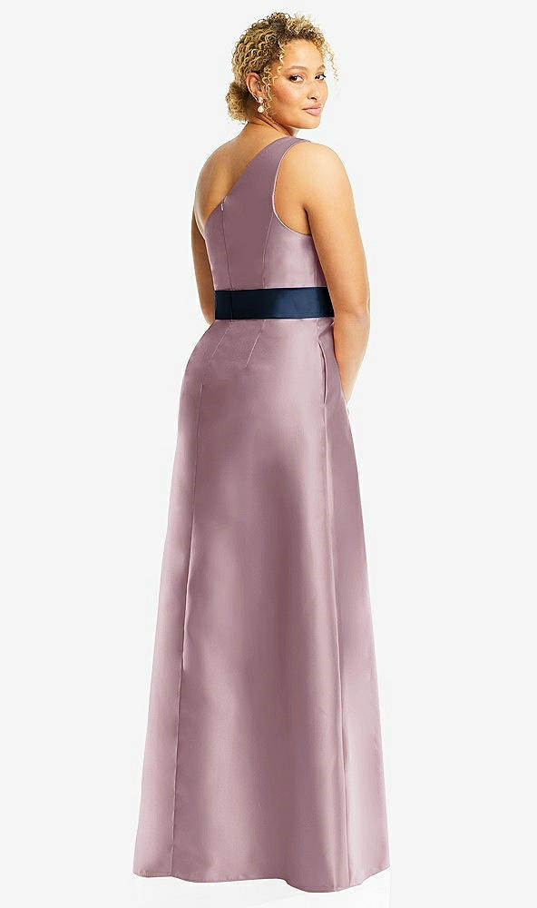 Back View - Dusty Rose & Midnight Navy Draped One-Shoulder Satin Maxi Dress with Pockets