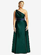 Front View Thumbnail - Evergreen & Midnight Navy Draped One-Shoulder Satin Maxi Dress with Pockets