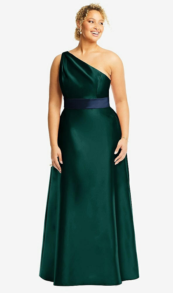 Front View - Evergreen & Midnight Navy Draped One-Shoulder Satin Maxi Dress with Pockets