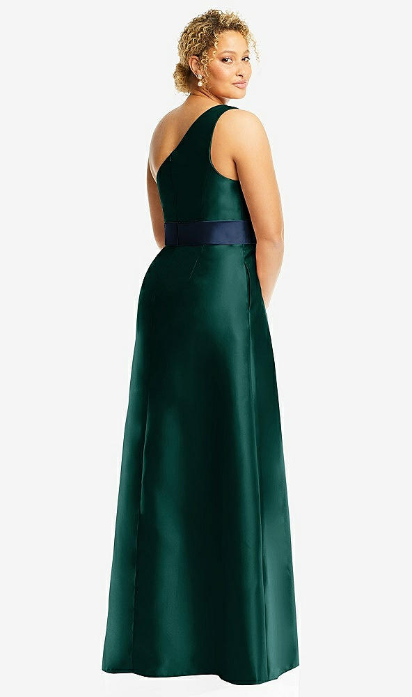Back View - Evergreen & Midnight Navy Draped One-Shoulder Satin Maxi Dress with Pockets