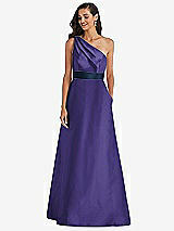 Alt View 1 Thumbnail - Grape & Midnight Navy Draped One-Shoulder Satin Maxi Dress with Pockets