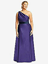 Front View Thumbnail - Grape & Midnight Navy Draped One-Shoulder Satin Maxi Dress with Pockets