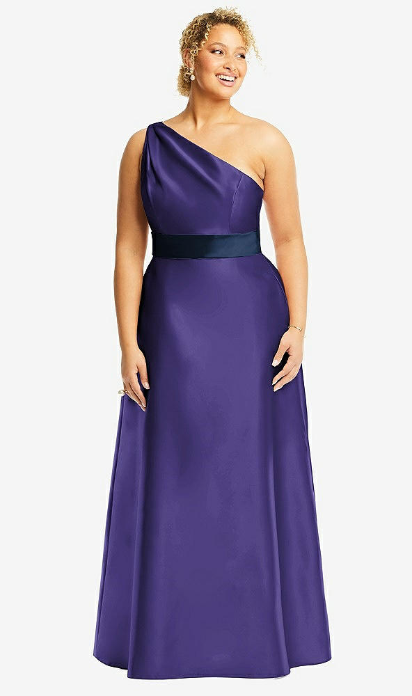 Front View - Grape & Midnight Navy Draped One-Shoulder Satin Maxi Dress with Pockets