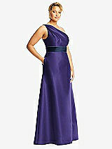 Side View Thumbnail - Grape & Midnight Navy Draped One-Shoulder Satin Maxi Dress with Pockets