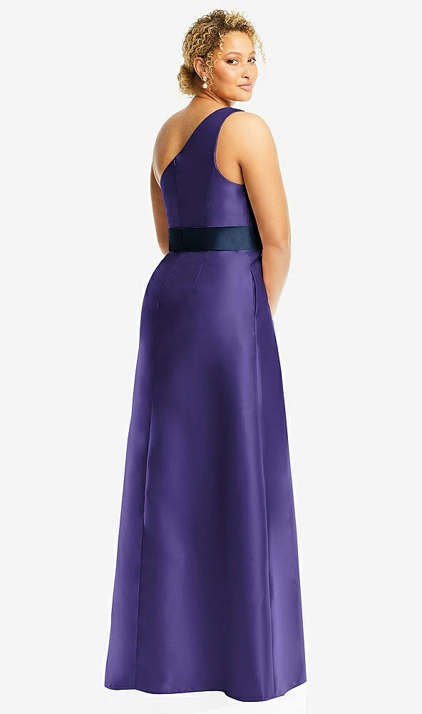 Back View - Grape & Midnight Navy Draped One-Shoulder Satin Maxi Dress with Pockets
