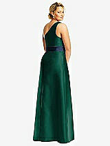 Rear View Thumbnail - Hunter Green & Midnight Navy Draped One-Shoulder Satin Maxi Dress with Pockets