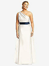 Front View Thumbnail - Ivory & Midnight Navy Draped One-Shoulder Satin Maxi Dress with Pockets
