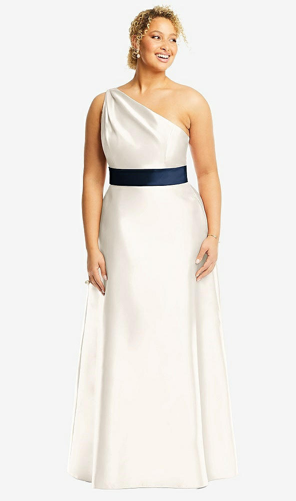Front View - Ivory & Midnight Navy Draped One-Shoulder Satin Maxi Dress with Pockets