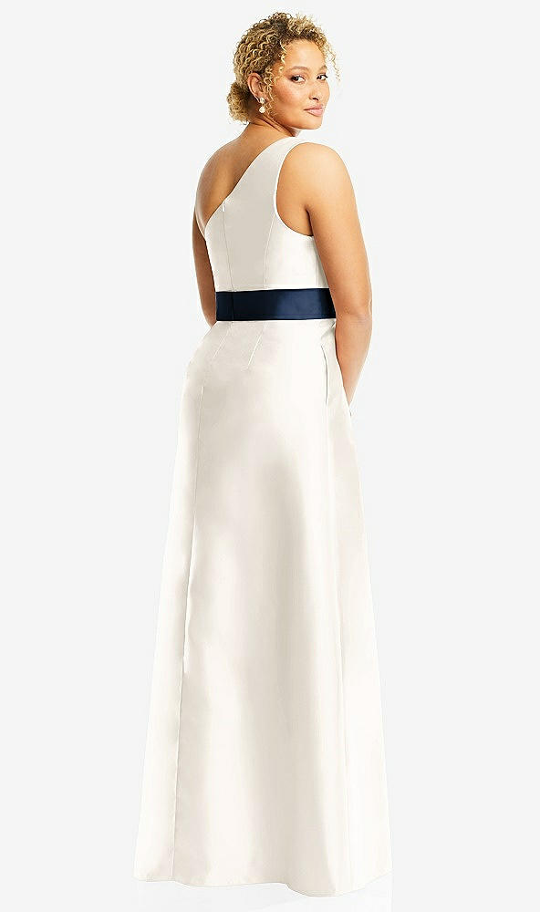 Back View - Ivory & Midnight Navy Draped One-Shoulder Satin Maxi Dress with Pockets