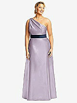 Front View Thumbnail - Lilac Haze & Midnight Navy Draped One-Shoulder Satin Maxi Dress with Pockets