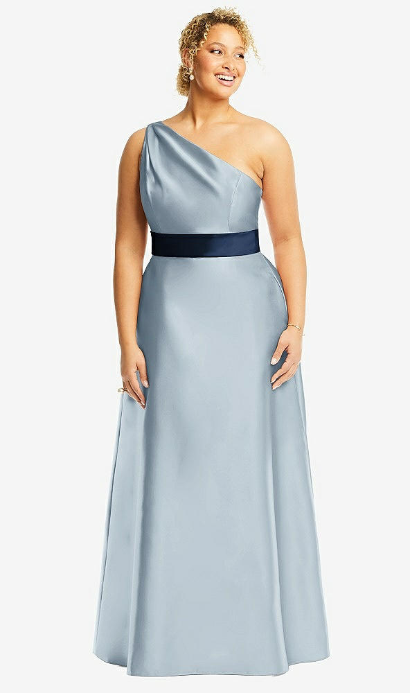Front View - Mist & Midnight Navy Draped One-Shoulder Satin Maxi Dress with Pockets