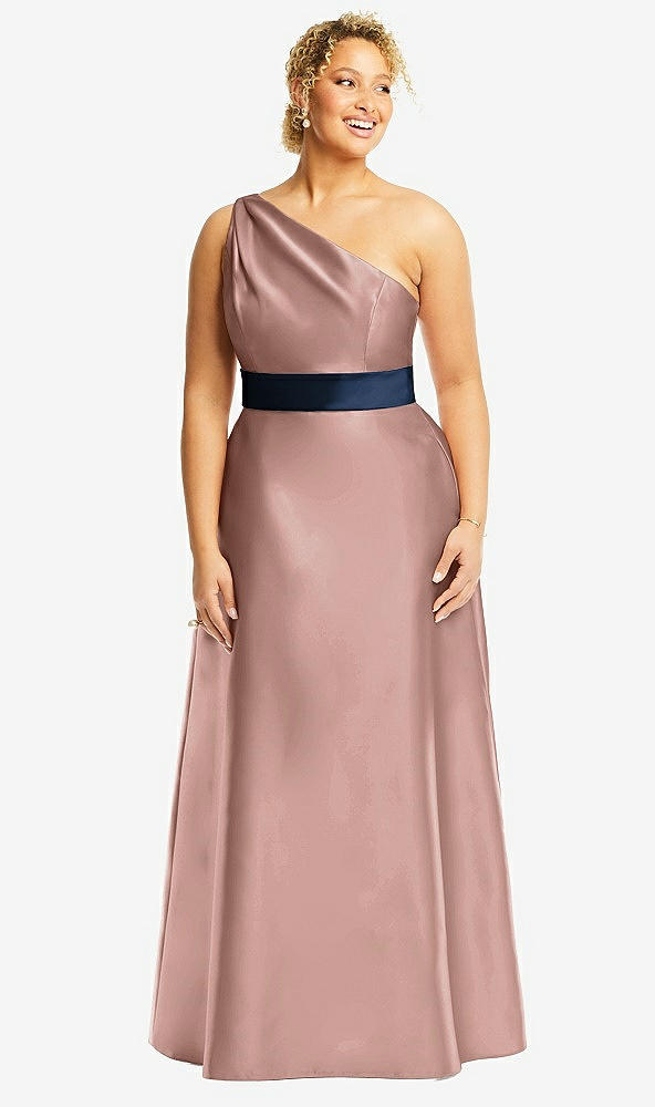 Front View - Neu Nude & Midnight Navy Draped One-Shoulder Satin Maxi Dress with Pockets