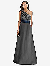 Alt View 1 Thumbnail - Pewter & Midnight Navy Draped One-Shoulder Satin Maxi Dress with Pockets