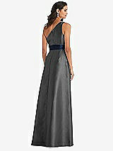 Alt View 3 Thumbnail - Pewter & Midnight Navy Draped One-Shoulder Satin Maxi Dress with Pockets