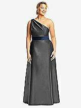 Front View Thumbnail - Pewter & Midnight Navy Draped One-Shoulder Satin Maxi Dress with Pockets