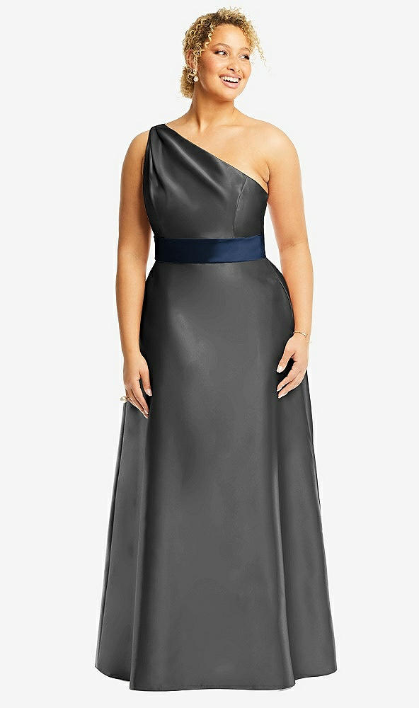 Front View - Pewter & Midnight Navy Draped One-Shoulder Satin Maxi Dress with Pockets