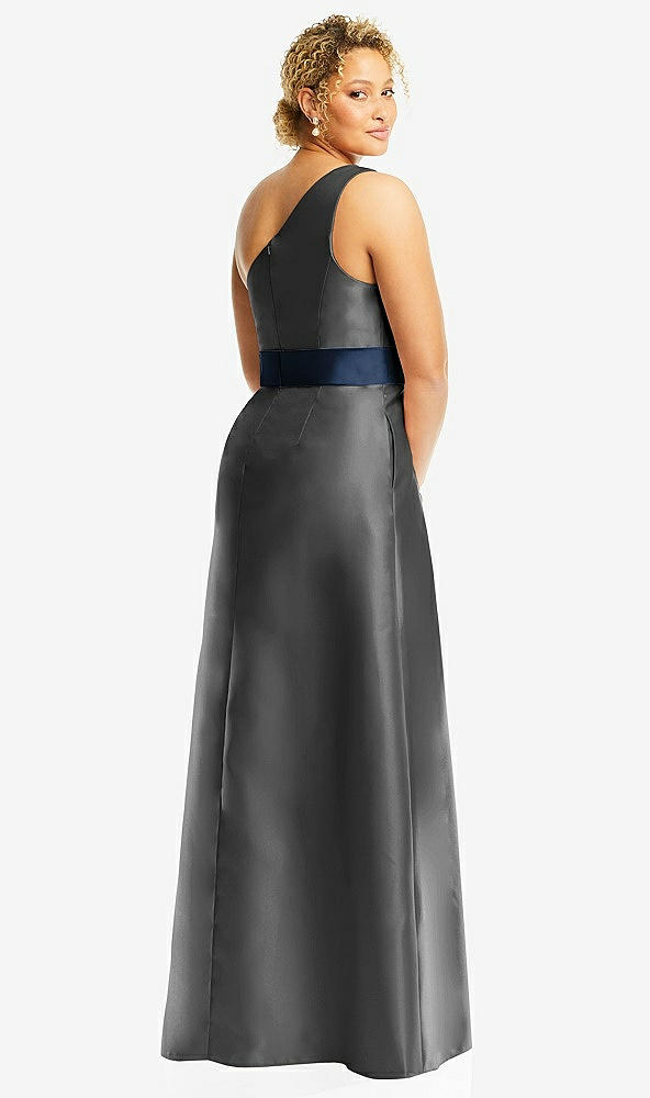 Back View - Pewter & Midnight Navy Draped One-Shoulder Satin Maxi Dress with Pockets