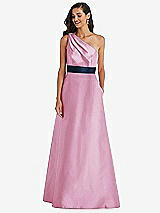 Alt View 1 Thumbnail - Powder Pink & Midnight Navy Draped One-Shoulder Satin Maxi Dress with Pockets