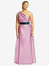Front View Thumbnail - Powder Pink & Midnight Navy Draped One-Shoulder Satin Maxi Dress with Pockets