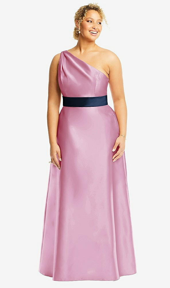 Front View - Powder Pink & Midnight Navy Draped One-Shoulder Satin Maxi Dress with Pockets