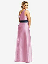 Rear View Thumbnail - Powder Pink & Midnight Navy Draped One-Shoulder Satin Maxi Dress with Pockets
