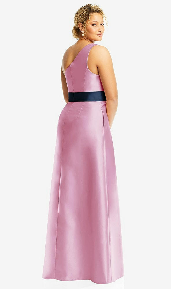 Back View - Powder Pink & Midnight Navy Draped One-Shoulder Satin Maxi Dress with Pockets