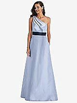 Alt View 1 Thumbnail - Sky Blue & Midnight Navy Draped One-Shoulder Satin Maxi Dress with Pockets