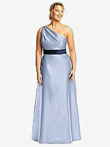 Front View Thumbnail - Sky Blue & Midnight Navy Draped One-Shoulder Satin Maxi Dress with Pockets