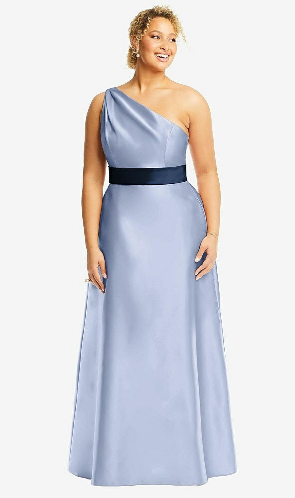 Front View - Sky Blue & Midnight Navy Draped One-Shoulder Satin Maxi Dress with Pockets