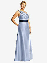 Side View Thumbnail - Sky Blue & Midnight Navy Draped One-Shoulder Satin Maxi Dress with Pockets