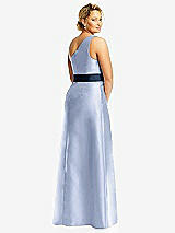 Rear View Thumbnail - Sky Blue & Midnight Navy Draped One-Shoulder Satin Maxi Dress with Pockets