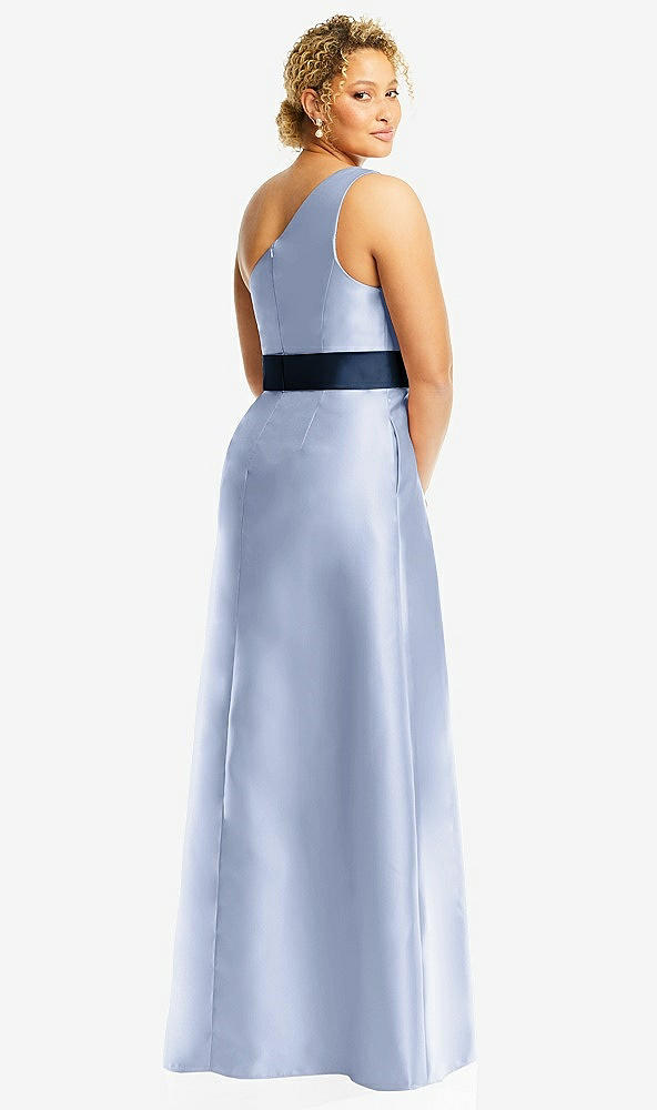 Back View - Sky Blue & Midnight Navy Draped One-Shoulder Satin Maxi Dress with Pockets