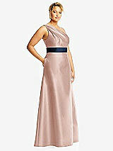 Side View Thumbnail - Toasted Sugar & Midnight Navy Draped One-Shoulder Satin Maxi Dress with Pockets