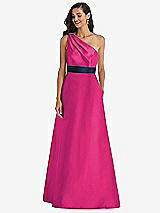 Alt View 1 Thumbnail - Think Pink & Midnight Navy Draped One-Shoulder Satin Maxi Dress with Pockets