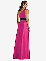 Alt View 3 Thumbnail - Think Pink & Midnight Navy Draped One-Shoulder Satin Maxi Dress with Pockets