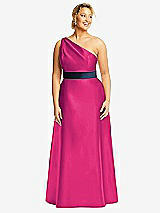 Front View Thumbnail - Think Pink & Midnight Navy Draped One-Shoulder Satin Maxi Dress with Pockets