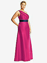 Side View Thumbnail - Think Pink & Midnight Navy Draped One-Shoulder Satin Maxi Dress with Pockets