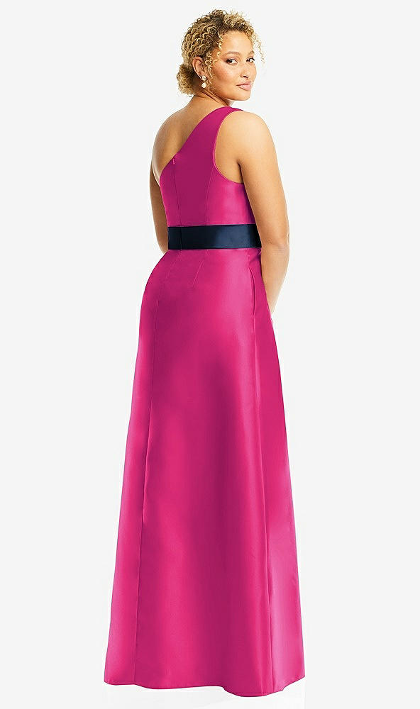 Back View - Think Pink & Midnight Navy Draped One-Shoulder Satin Maxi Dress with Pockets