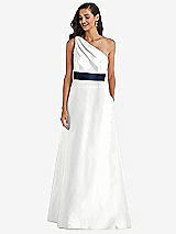 Alt View 1 Thumbnail - White & Midnight Navy Draped One-Shoulder Satin Maxi Dress with Pockets