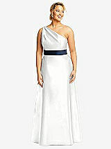 Front View Thumbnail - White & Midnight Navy Draped One-Shoulder Satin Maxi Dress with Pockets