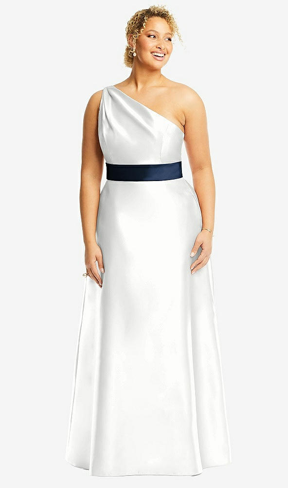Front View - White & Midnight Navy Draped One-Shoulder Satin Maxi Dress with Pockets