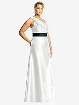 Side View Thumbnail - White & Midnight Navy Draped One-Shoulder Satin Maxi Dress with Pockets