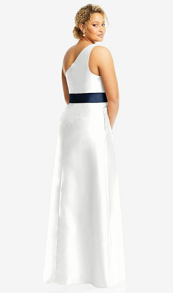 Back View - White & Midnight Navy Draped One-Shoulder Satin Maxi Dress with Pockets