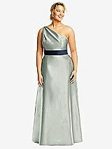 Front View Thumbnail - Willow Green & Midnight Navy Draped One-Shoulder Satin Maxi Dress with Pockets