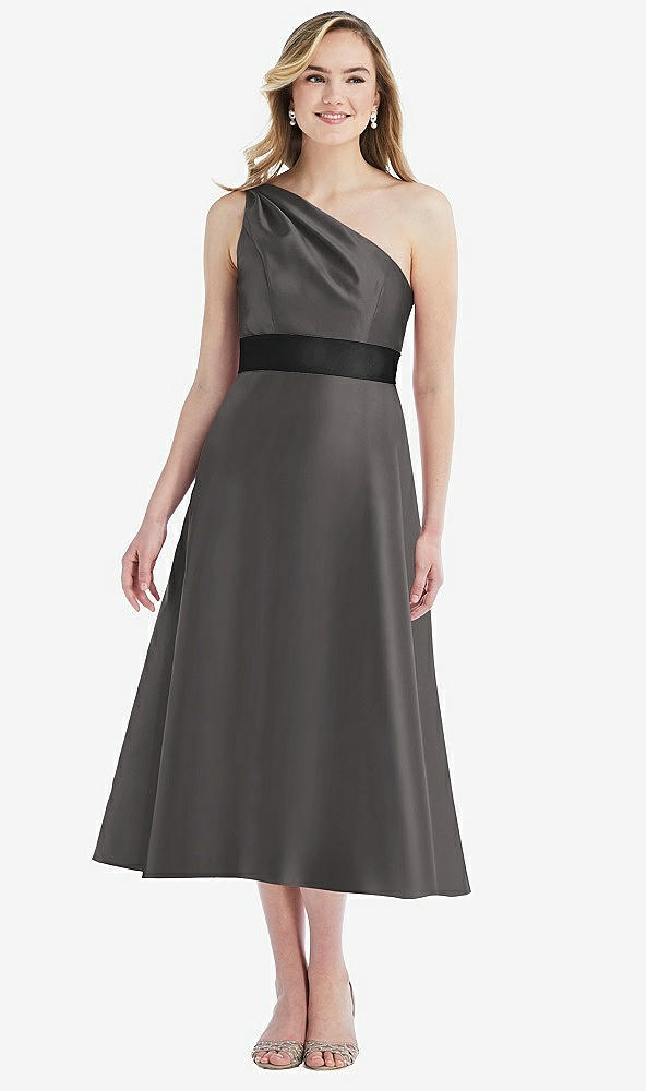 Front View - Caviar Gray & Black Draped One-Shoulder Satin Midi Dress with Pockets
