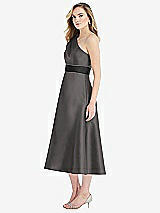 Side View Thumbnail - Caviar Gray & Black Draped One-Shoulder Satin Midi Dress with Pockets
